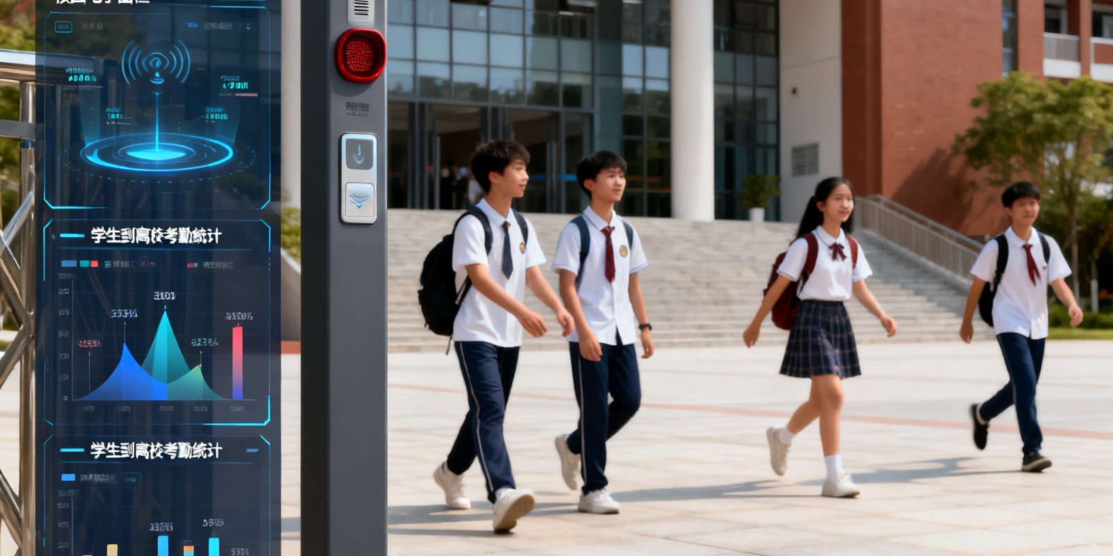 校园内PA国际厅部署的一键报警柱旁，几名学生正在课间活动，系统界面展示校园电子围栏、学生到离校考勤统计和重点区域人员密度实时监测数据